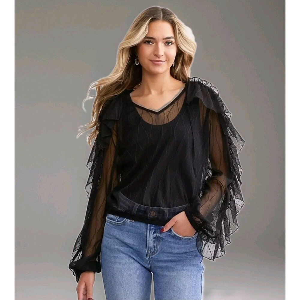Daytrip Ruffle Mesh Sheer Lace V-Neck Long Sleeve Pullover Top Women Size Small